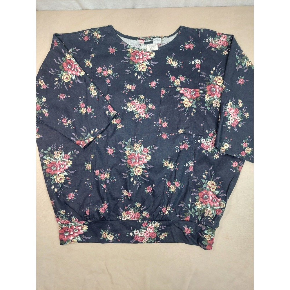 Vintage Floral Top Women L XL 90s USA Cottagecore Shirt Blue Preppy Soft Girl